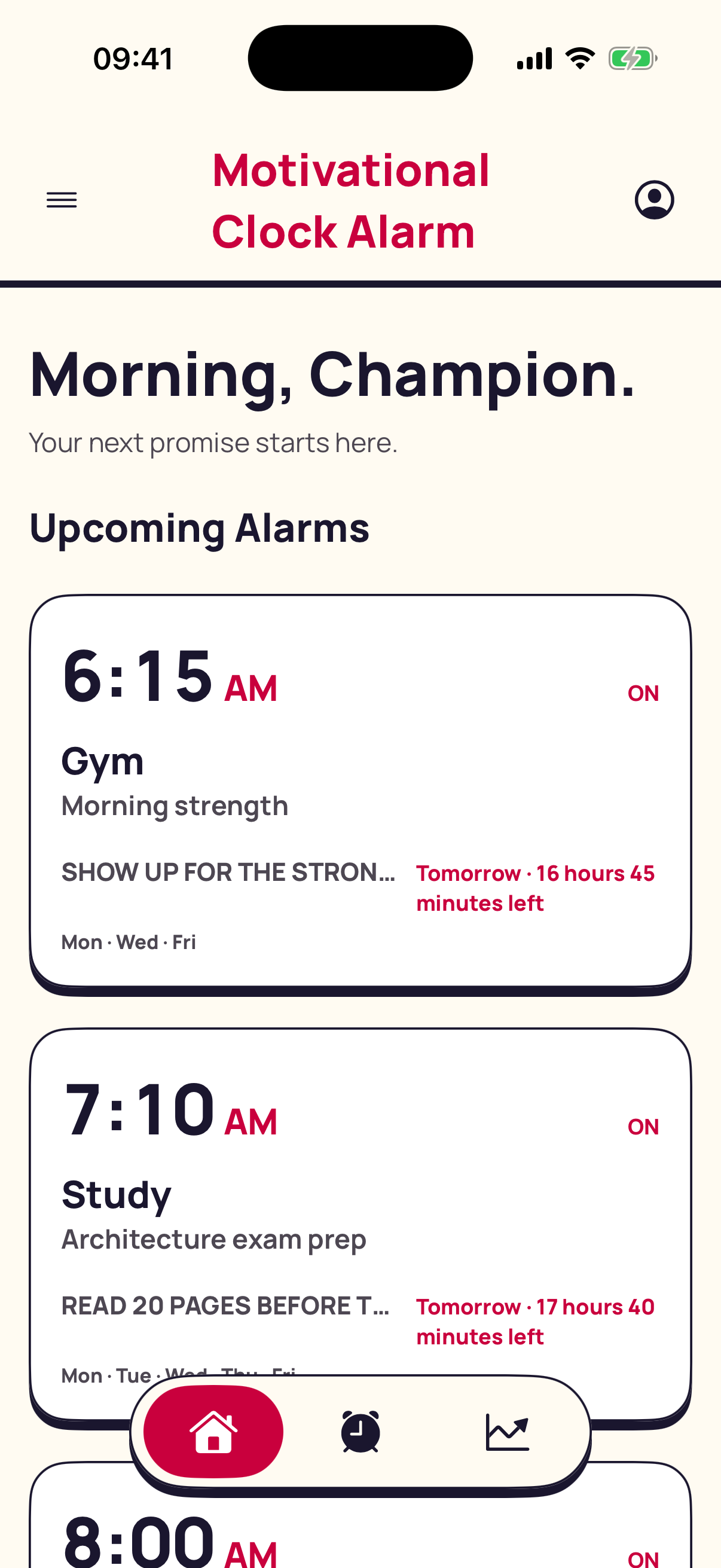 Home screen with upcoming goal-driven alarms