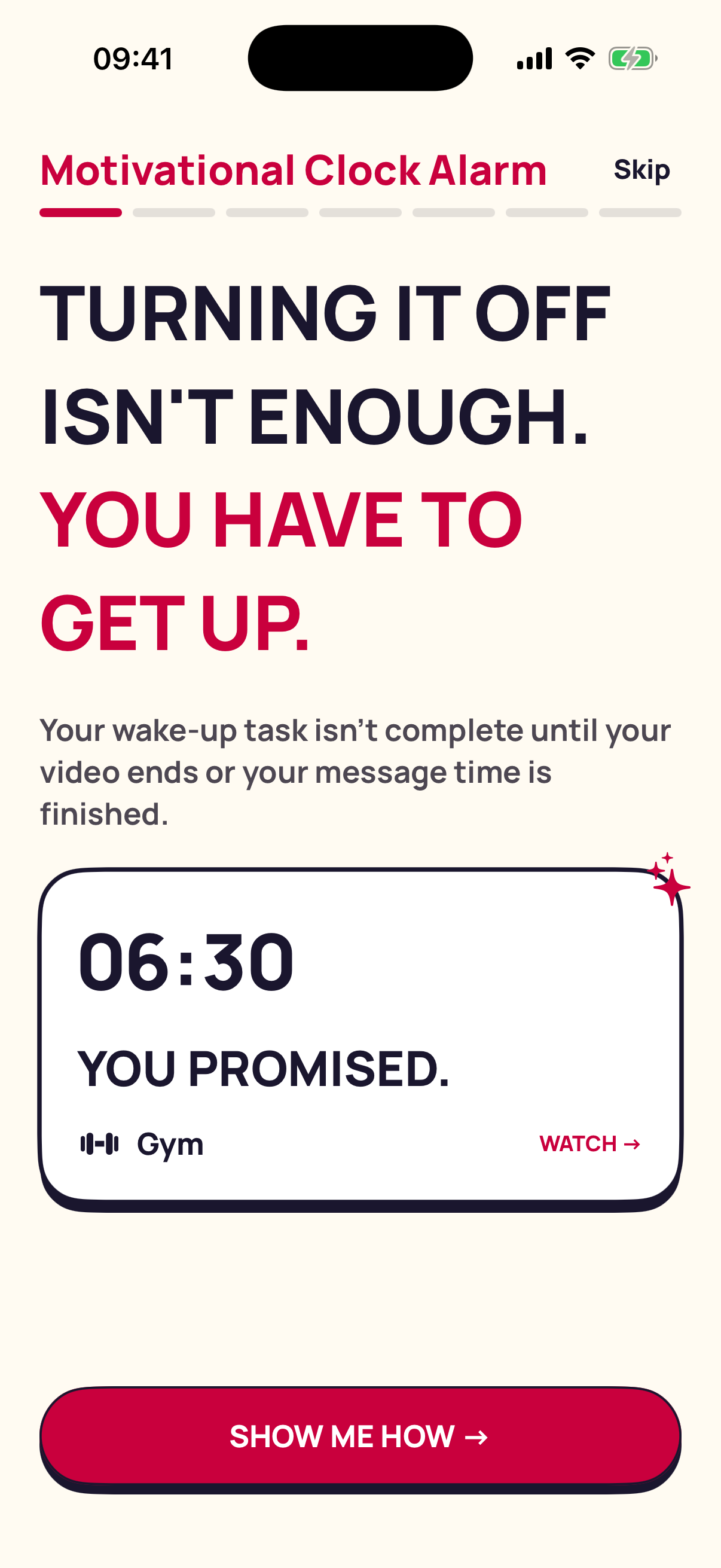 App onboarding showing an alarm connected to a personal goal