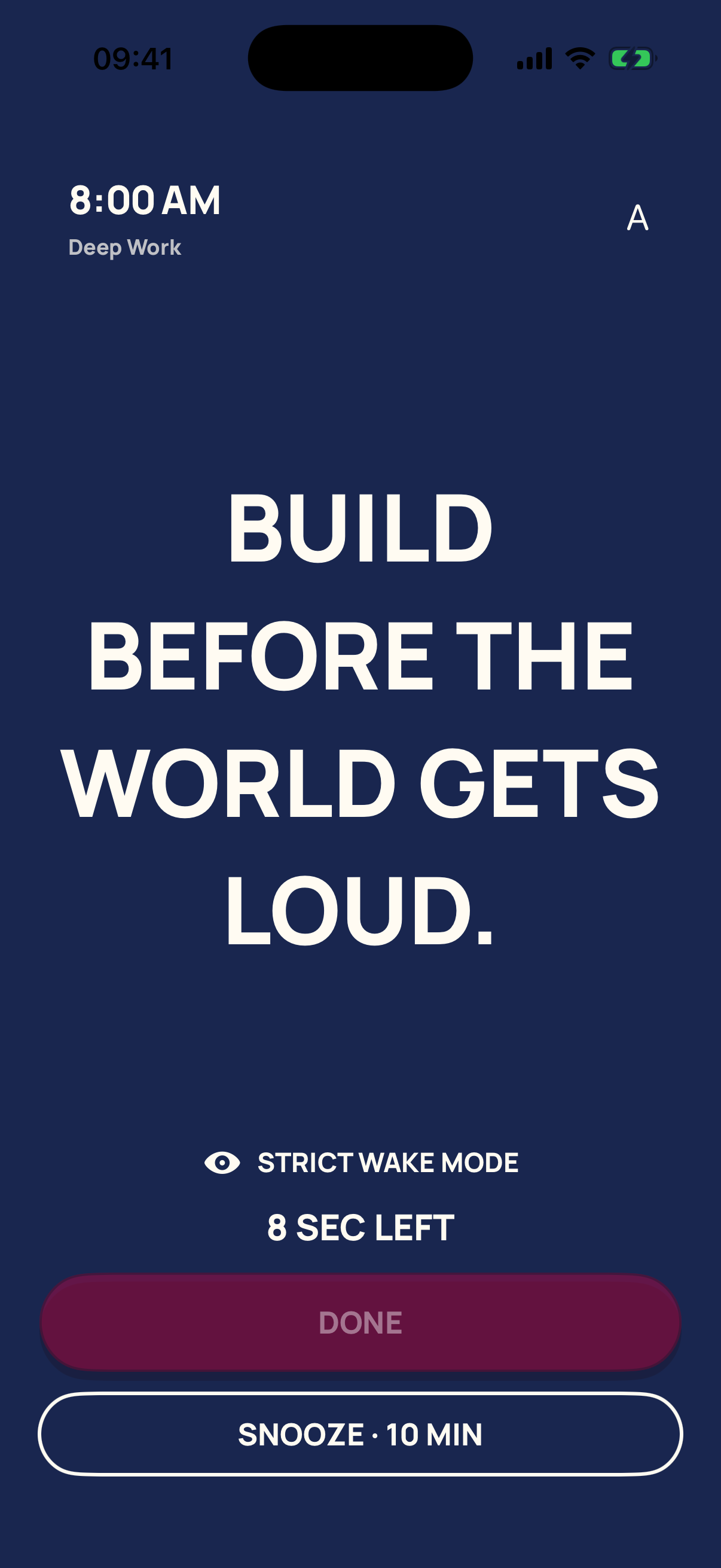 Full-screen motivational alarm with a goal and timed message