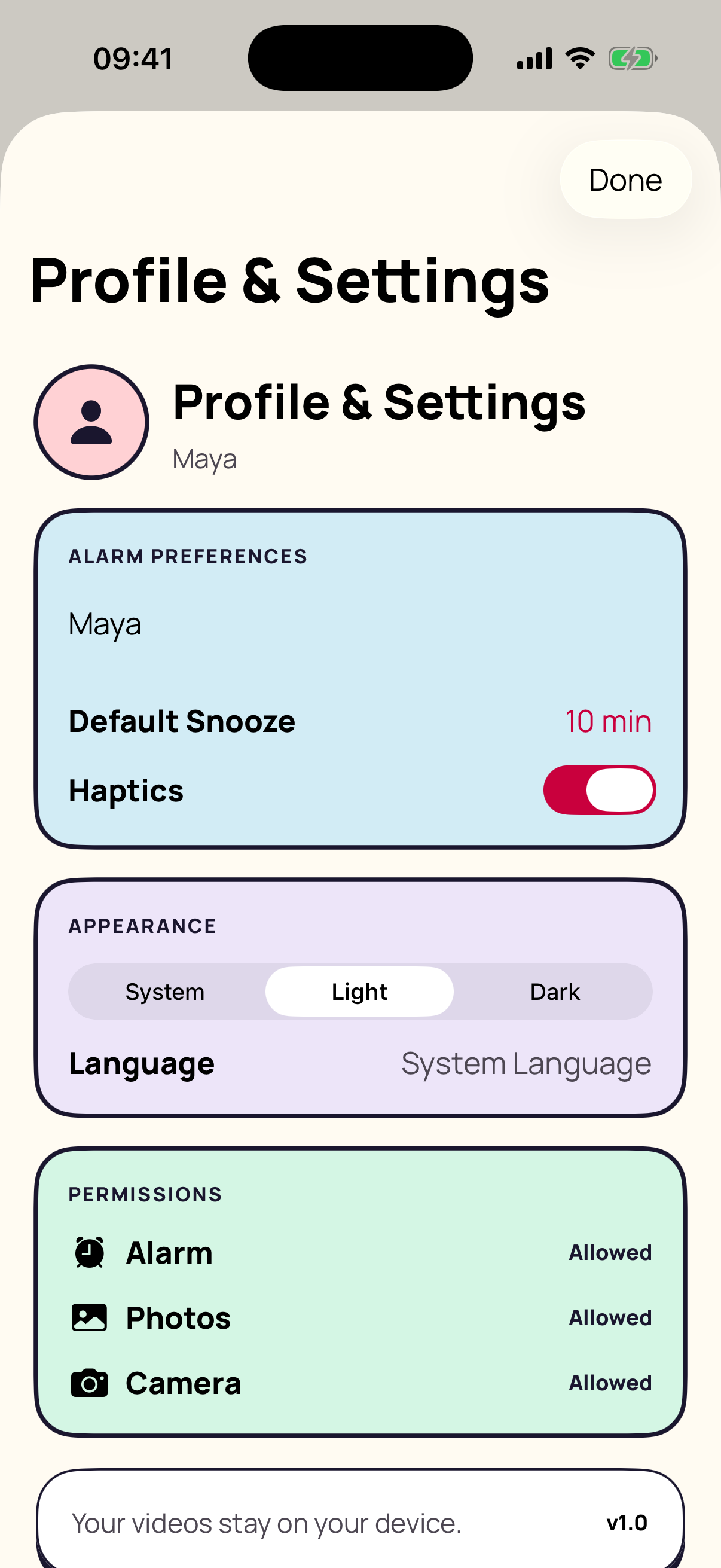 App settings showing alarm, photo, and camera permission status